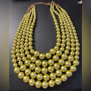 Multi Strand Faux Green Glass Pearl Gold Tone Necklace